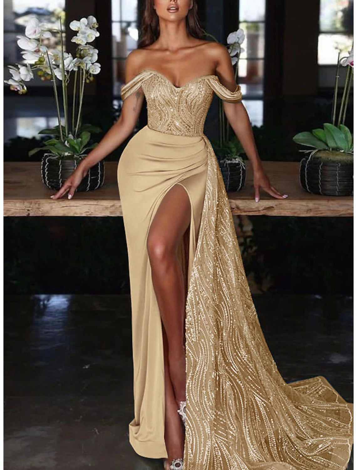 Mint Green Satin Off-the-Shoulder Sweetheart Sequin Floor-Length Evening Dress