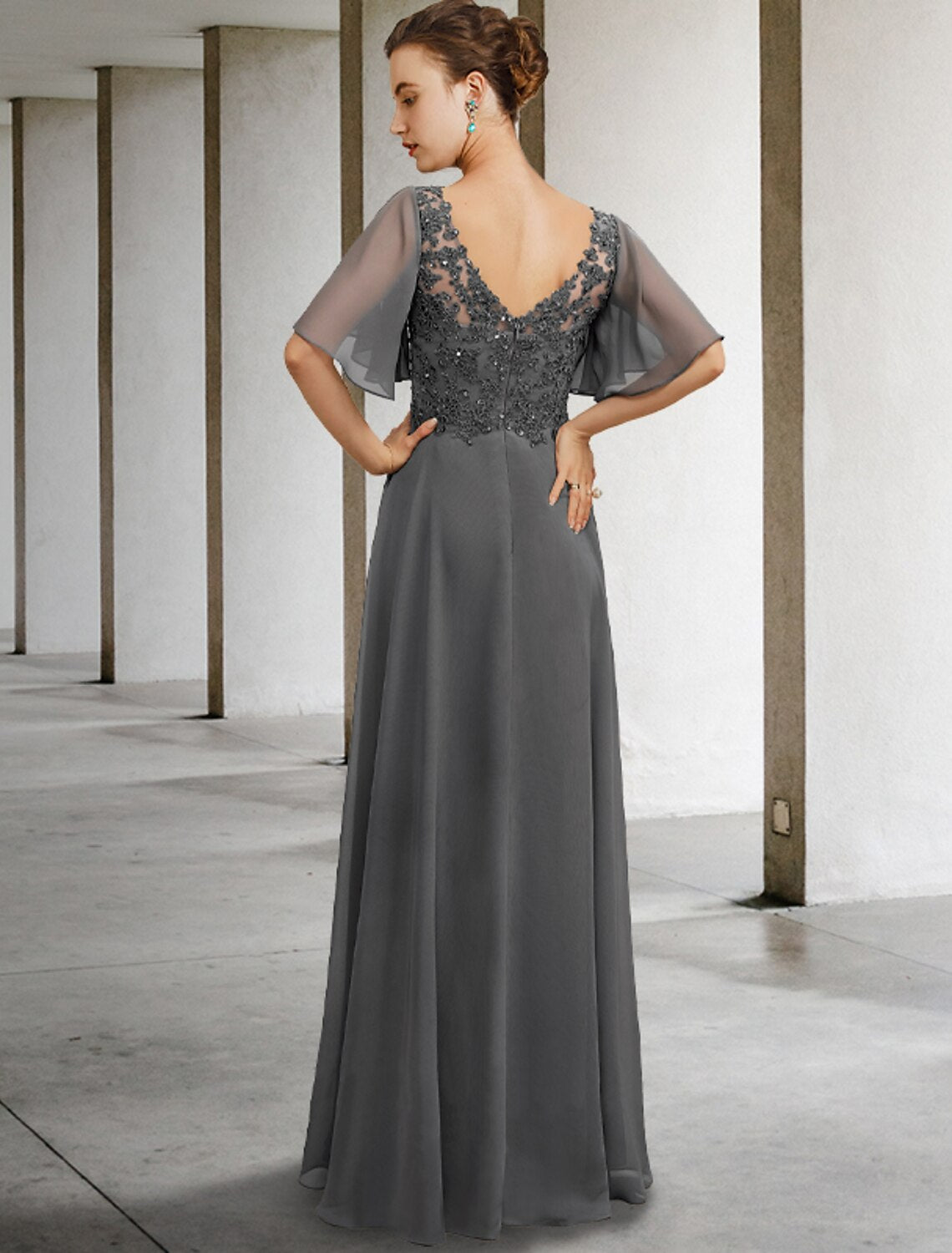 Abito da madre della sposa a trapezio, elegante e lussuoso, con scollo a V, lunghezza al pavimento, in chiffon e pizzo, maniche corte con applicazioni di perline