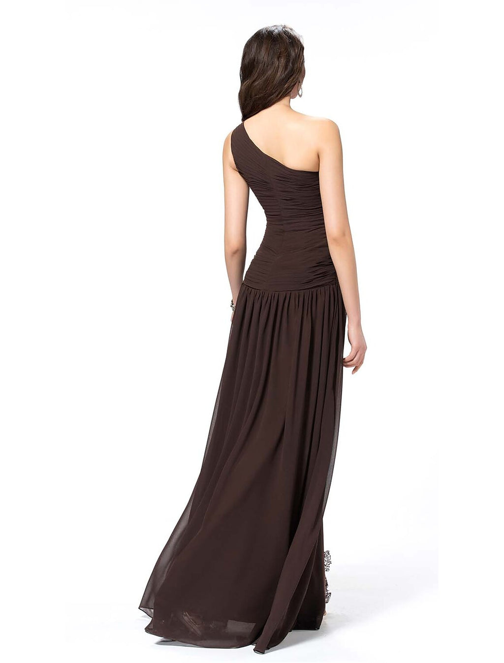 Espresso Chiffon A-Line One Shoulder Floor-Length Evening Dress with Draped Bodice and High Slit