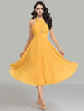 Yellow Chiffon Pleated A-Line Tea-Length Halter Dress