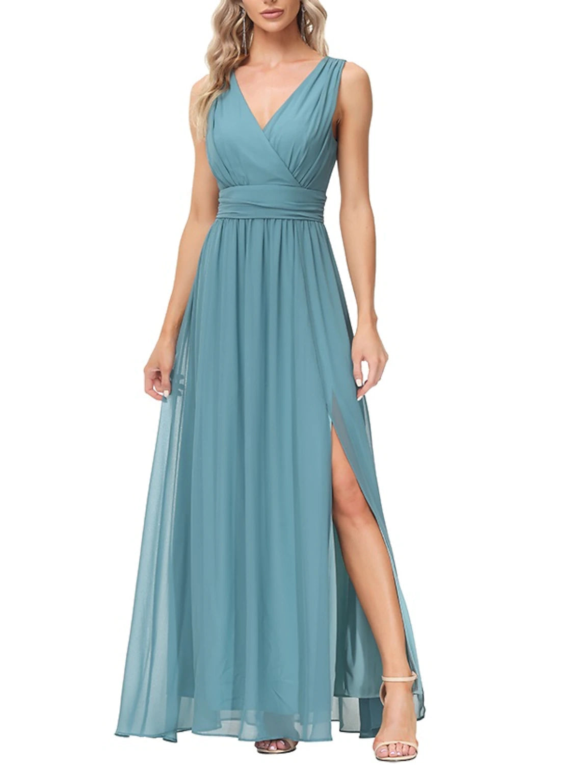 Abito da sera a trapezio, elegante, da invitare a nozze, lungo fino al pavimento, senza maniche, scollo a V, in chiffon, con spacco sulla schiena