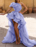 Vestido de noche corte A, vestido de novia, vestido de fiesta, vestido navideño rojo y verde, vestido formal asimétrico morado, sin mangas, un hombro, organza con volantes, color puro 2025