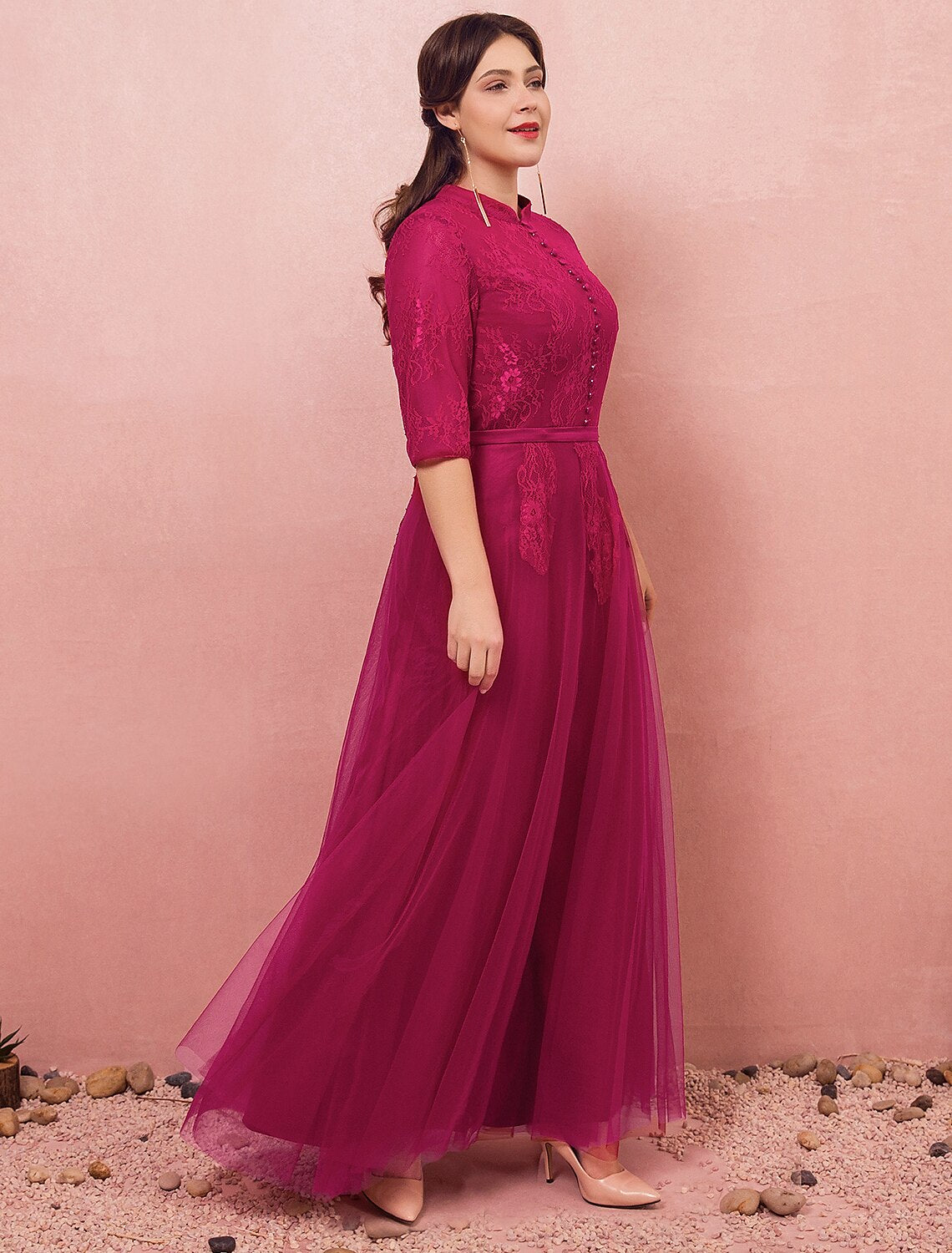 Vestido de noche formal de estilo chino, corte A, talla grande, para compromiso, cuello alto, media manga, largo hasta el suelo, encaje con botones