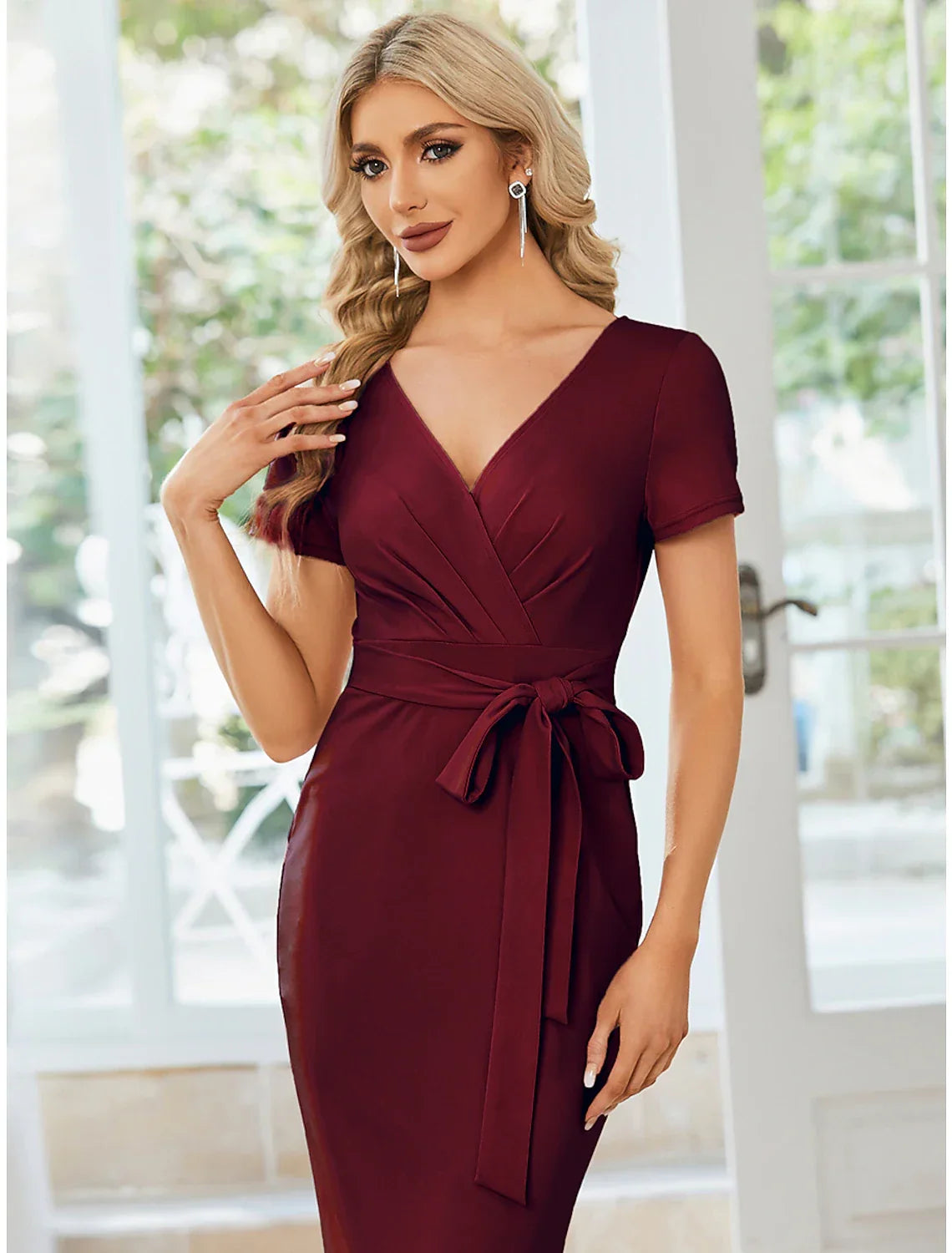 Dark Navy Crepe Sheath/column Midi Dress with V-Neck and Wrap bodice + Tie waist
