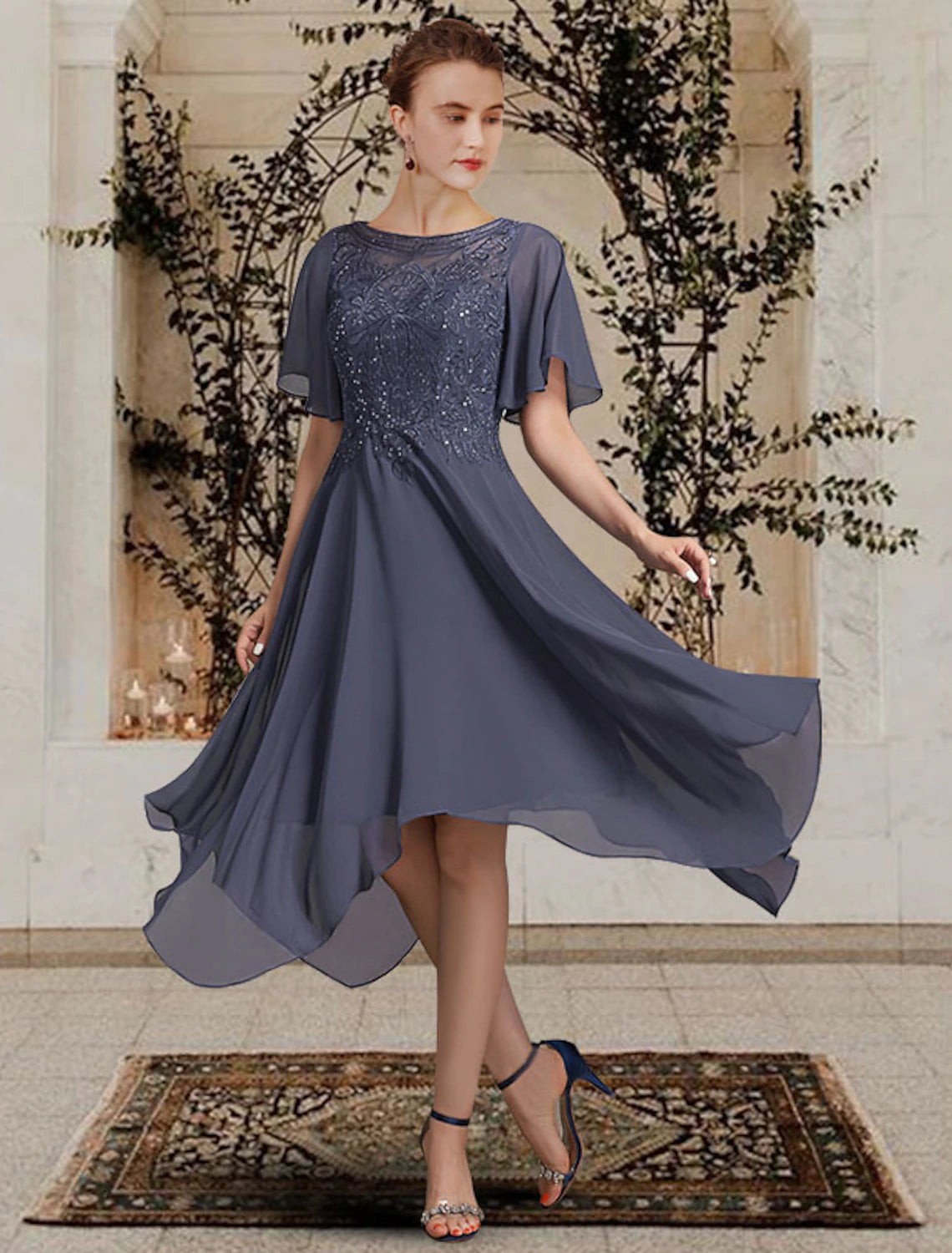 Slate Blue Chiffon A-Line Midi Evening Dress with Embroidered Bodice & Asymmetrical Hem