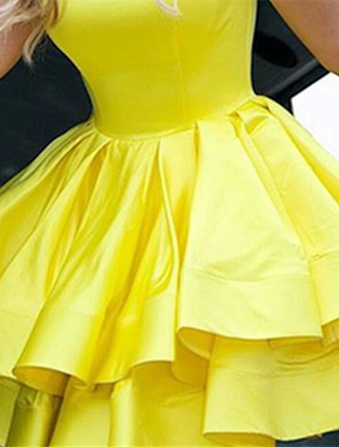 Abiti da ballo a trapezio, abiti minimalisti, laurea, dolce 16, corti/mini, senza maniche, scollo gioiello, raso con volant