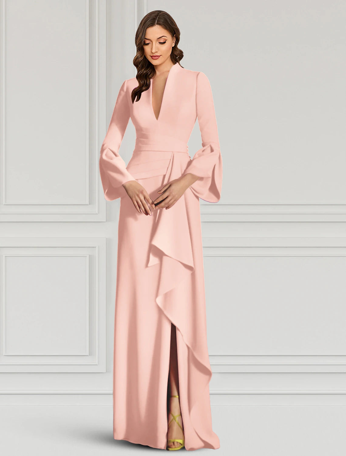 Vestido de noche elegante con corte en forma de columna, vestido formal de cóctel, largo hasta el suelo, manga larga, escote en V, para invitada de boda de otoño, tejido con volantes