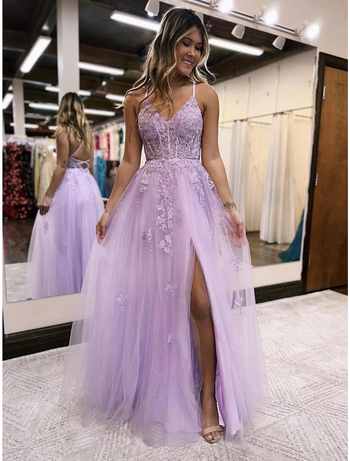 Lavender Tulle A-Line Floor-Length Dress with Lace Appliques and High Slit for Prom & Evening Party