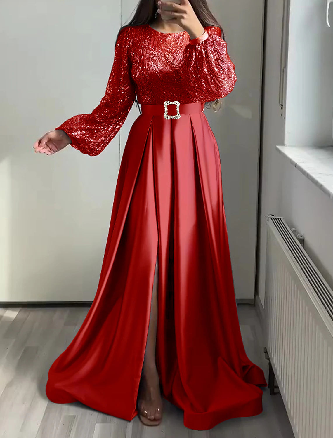 A-Line Evening Gown Glittering Dress Wedding Black Tie Floor Length Long Sleeve Jewel Neck Fall Wedding Guest Satin with Sequin 2025