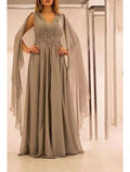 Grey Chiffon A-Line Floor-Length Dress with Cape Sleeves