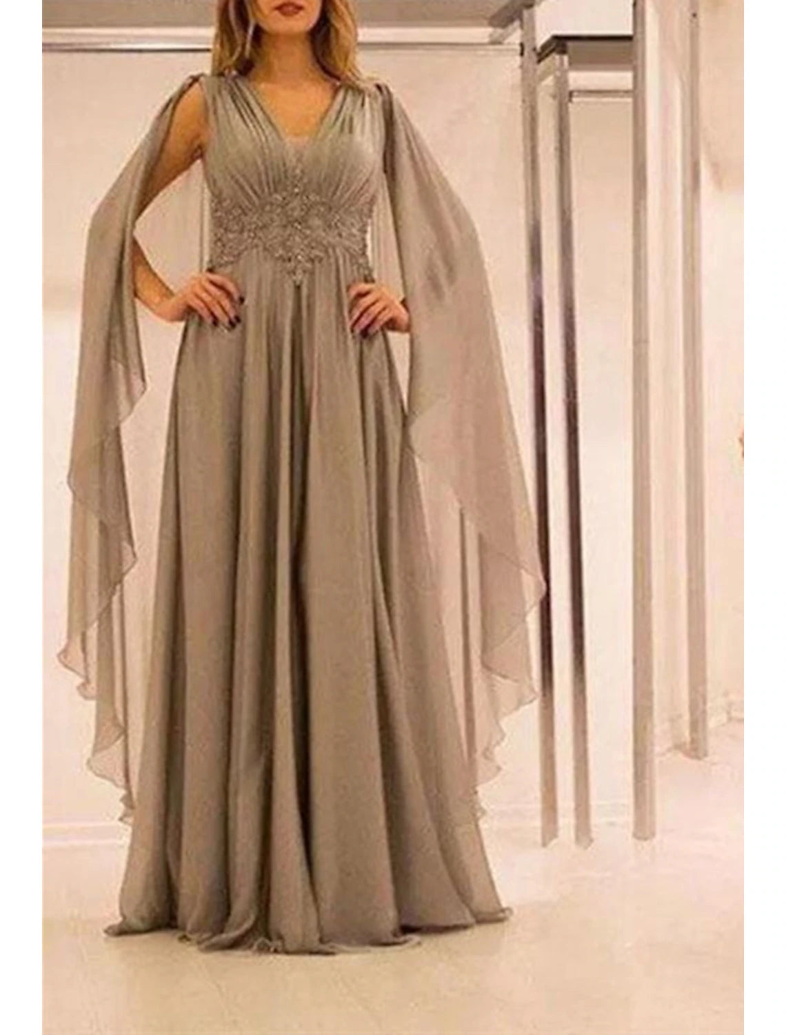 Grey Chiffon A-Line Floor-Length Dress with Cape Sleeves