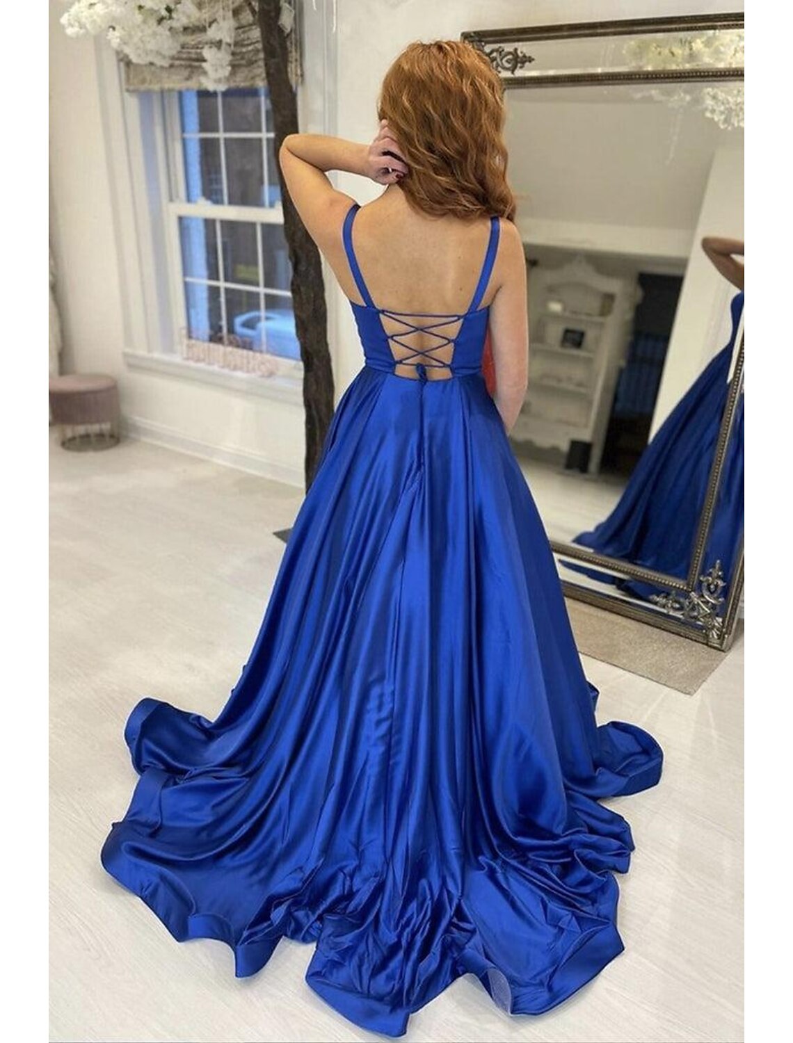 Royal Blue Satin A-Line Floor-Length Dress with Square Neck & Backless Design