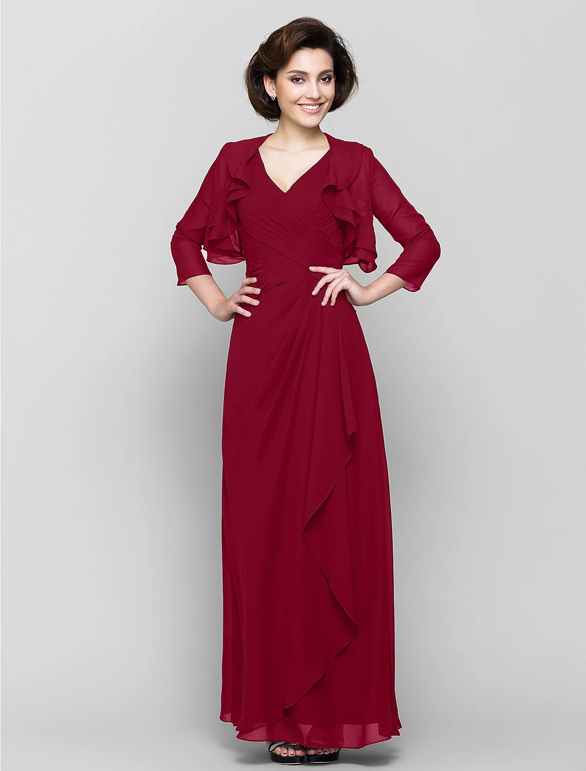 Abito da madre della sposa a tubino/colonna, abito convertibile, scollo a V, lunghezza pavimento, in chiffon, manica a 3/4 con volant a cascata incrociati