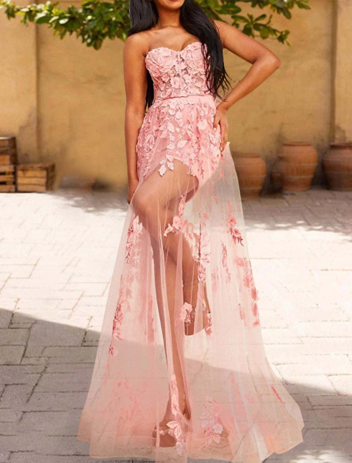 Black Chiffon A-Line Floor-Length Dress with Sweetheart Neckline and Sheer Bodice with Floral Appliques