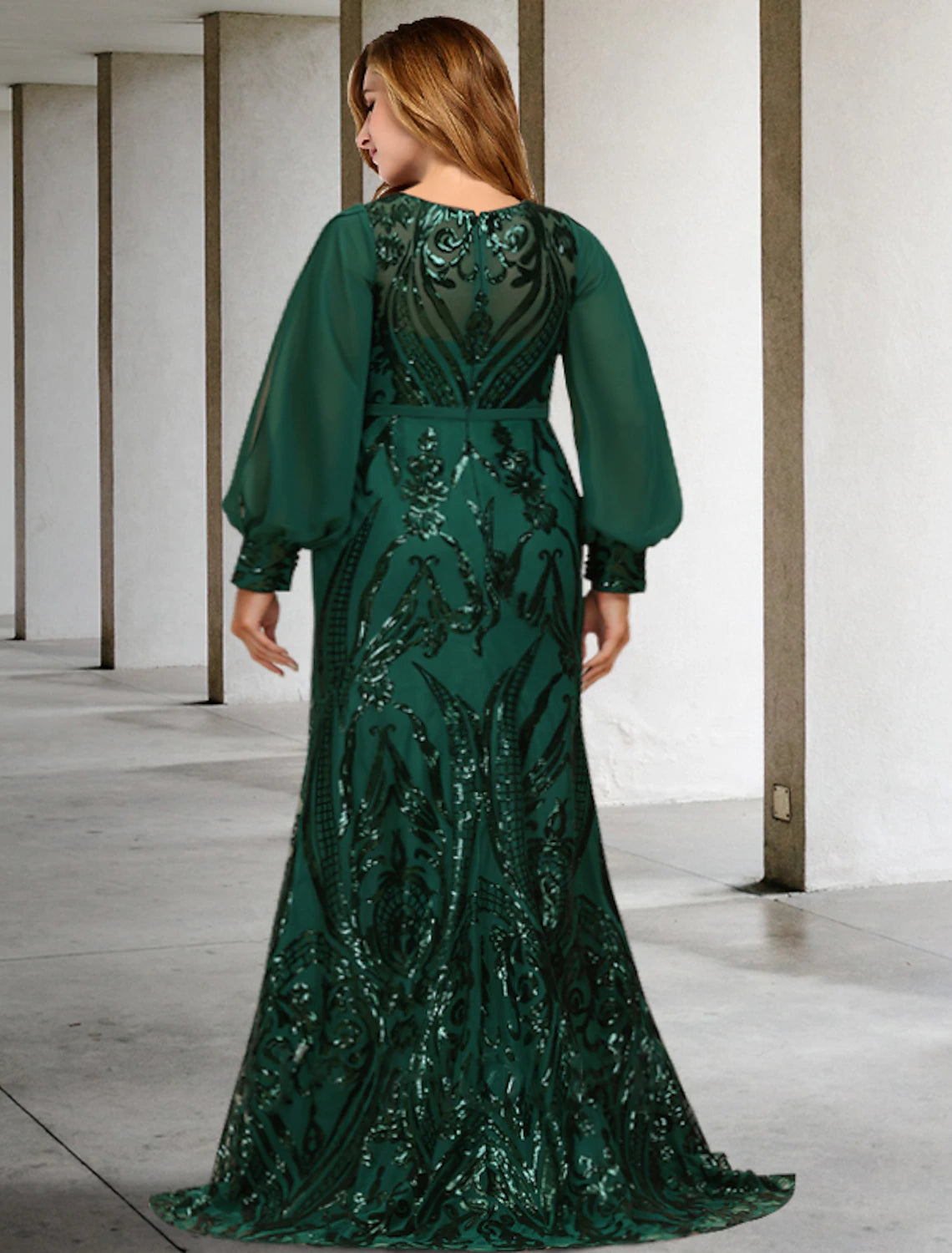 long sleeve emerald green dress Sequin Sheath/column Floor-Length with Illusion Sleeves Size:Large 11/12-13/14W $25 FINAL SALE ITEM Medal Marine Corps Blues open back detail and