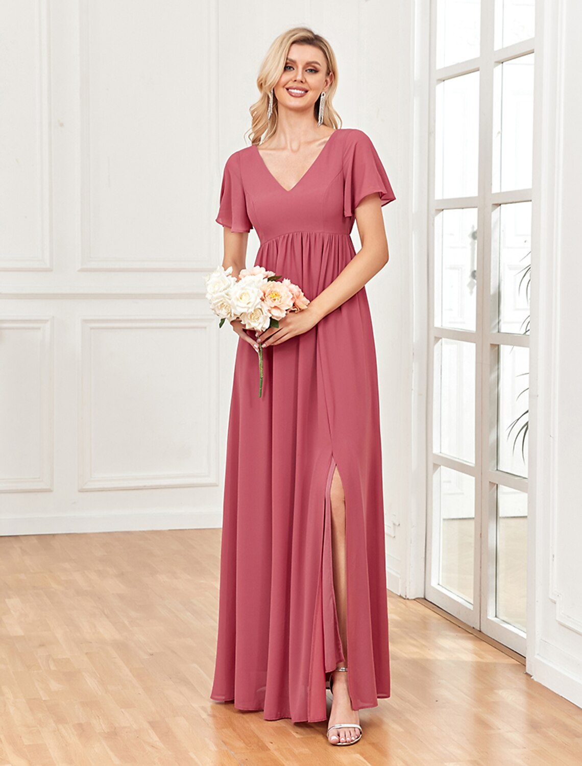 Dusty Rose Chiffon A-Line V-Neck Bridesmaid Floor-Length Dress
