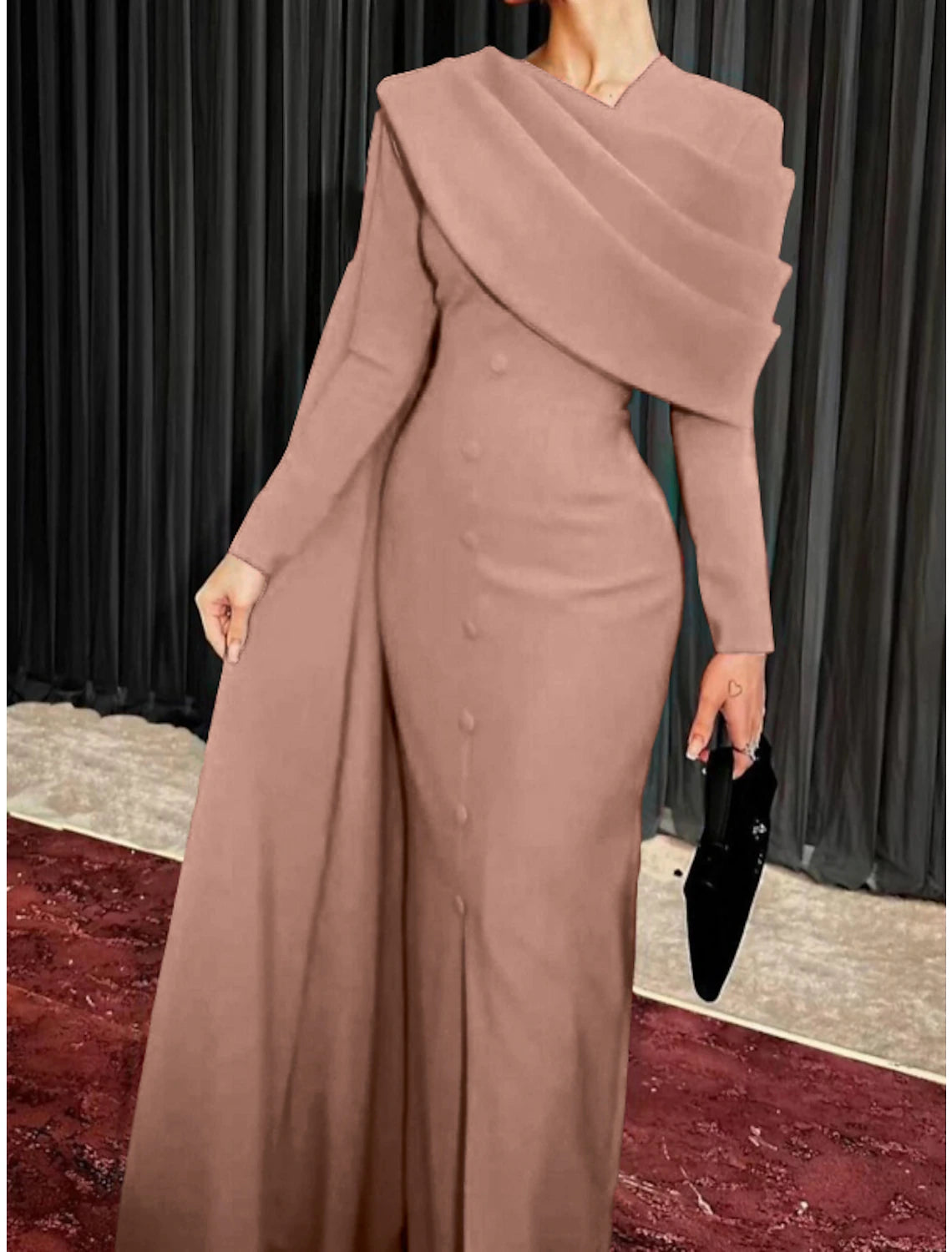 Vestido de noche elegante con capa, corte tubo, rojo, negro, navideño, rojo y verde, formal, de otoño, con cola larga, cuello vuelto, botones y abertura, 2025