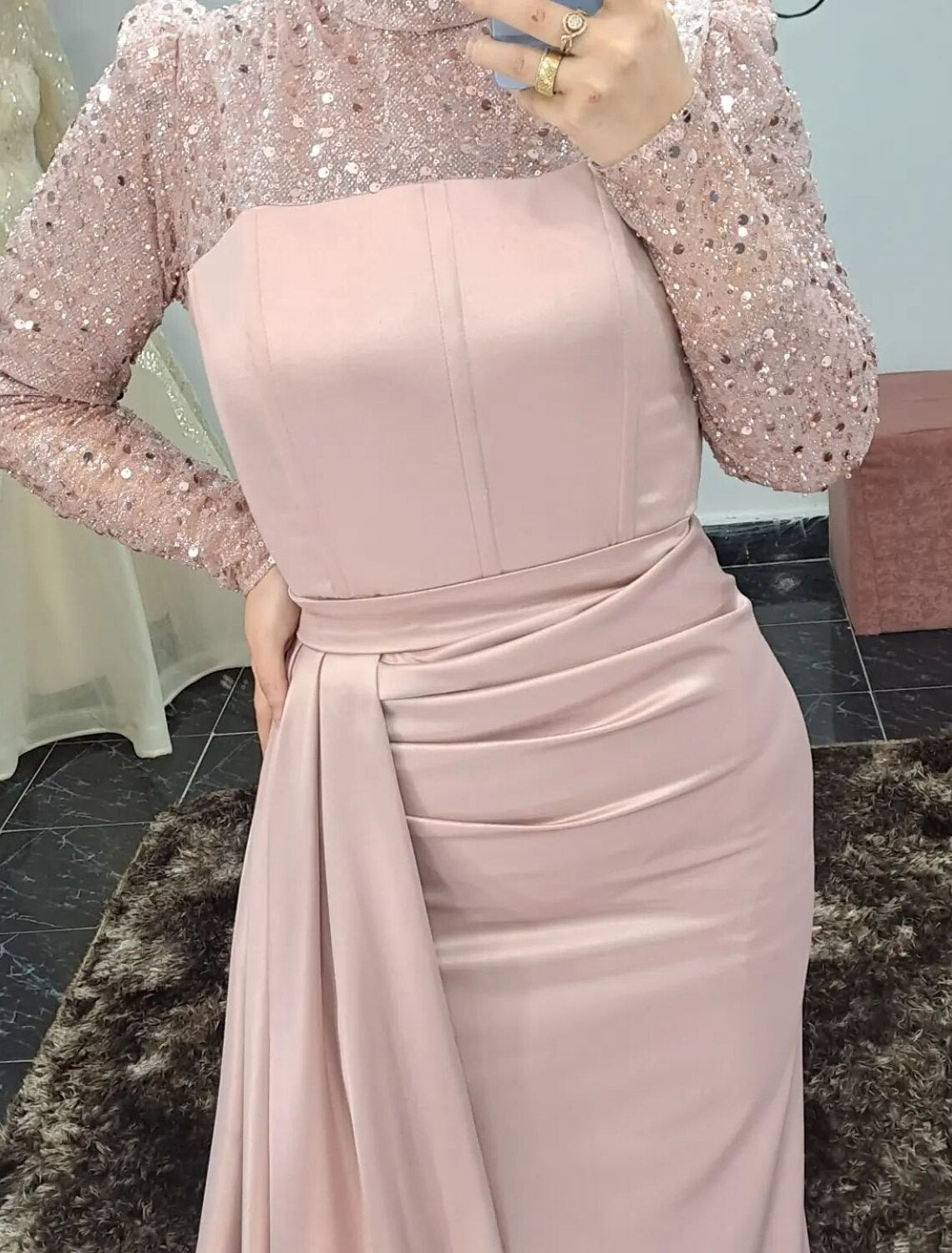Blushing Pink Satin Sequin Long Sleeve Draped Sheath/Column Floor-Length Evening Dress