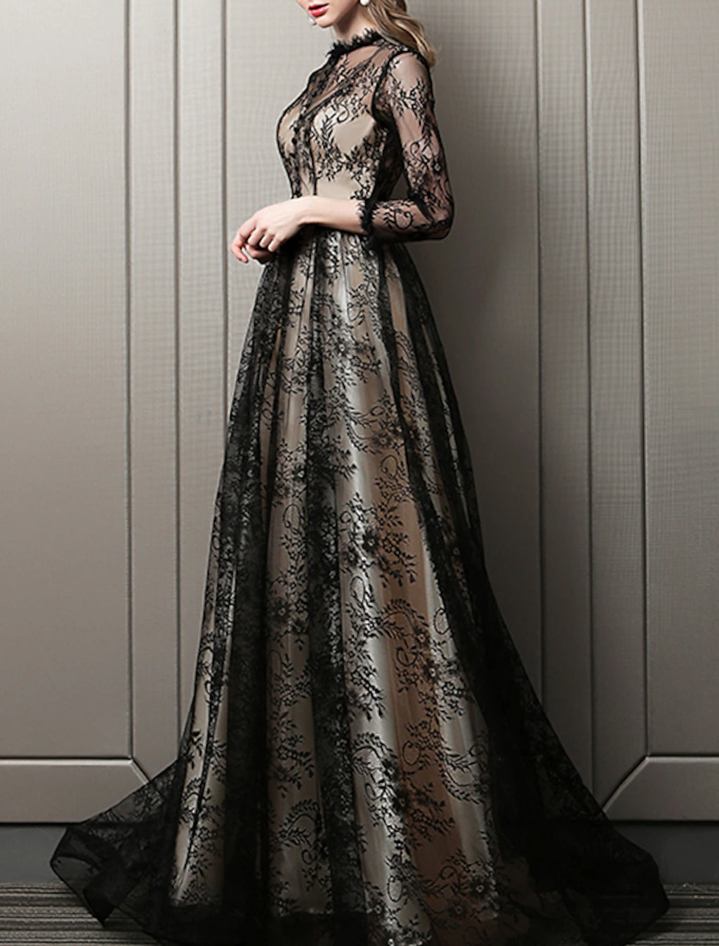Black Lace A-Line Floor-Length Evening Dress with Lace overlay and High neck
