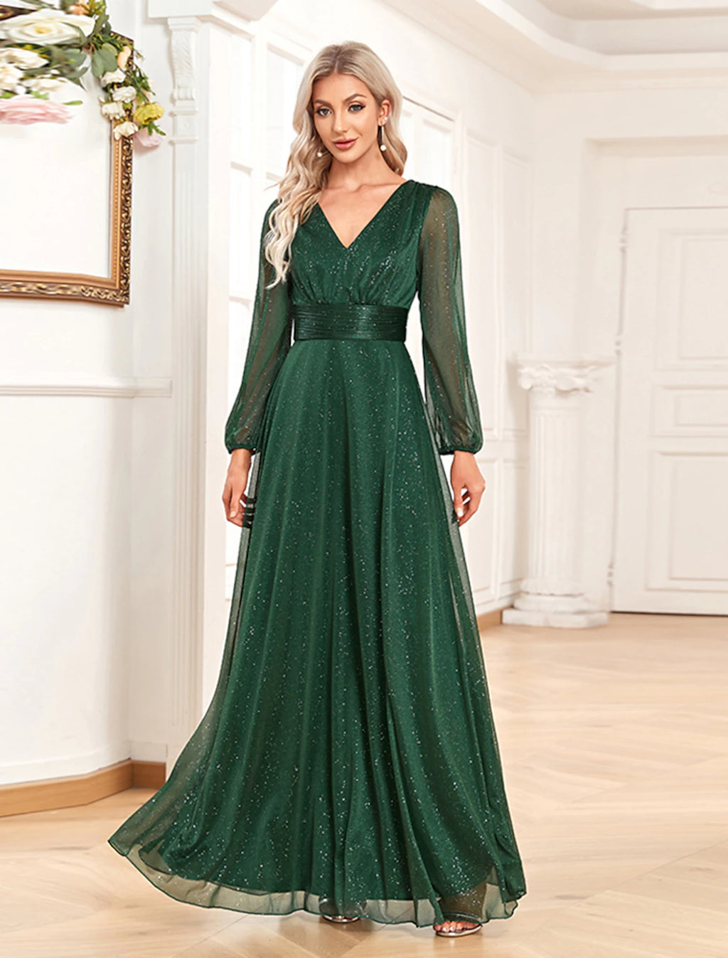 Vestido de noche de corte A con brillo y destellos, vestido formal de fiesta de boda, largo hasta el suelo, manga larga, cuello en V, gasa con lentejuelas