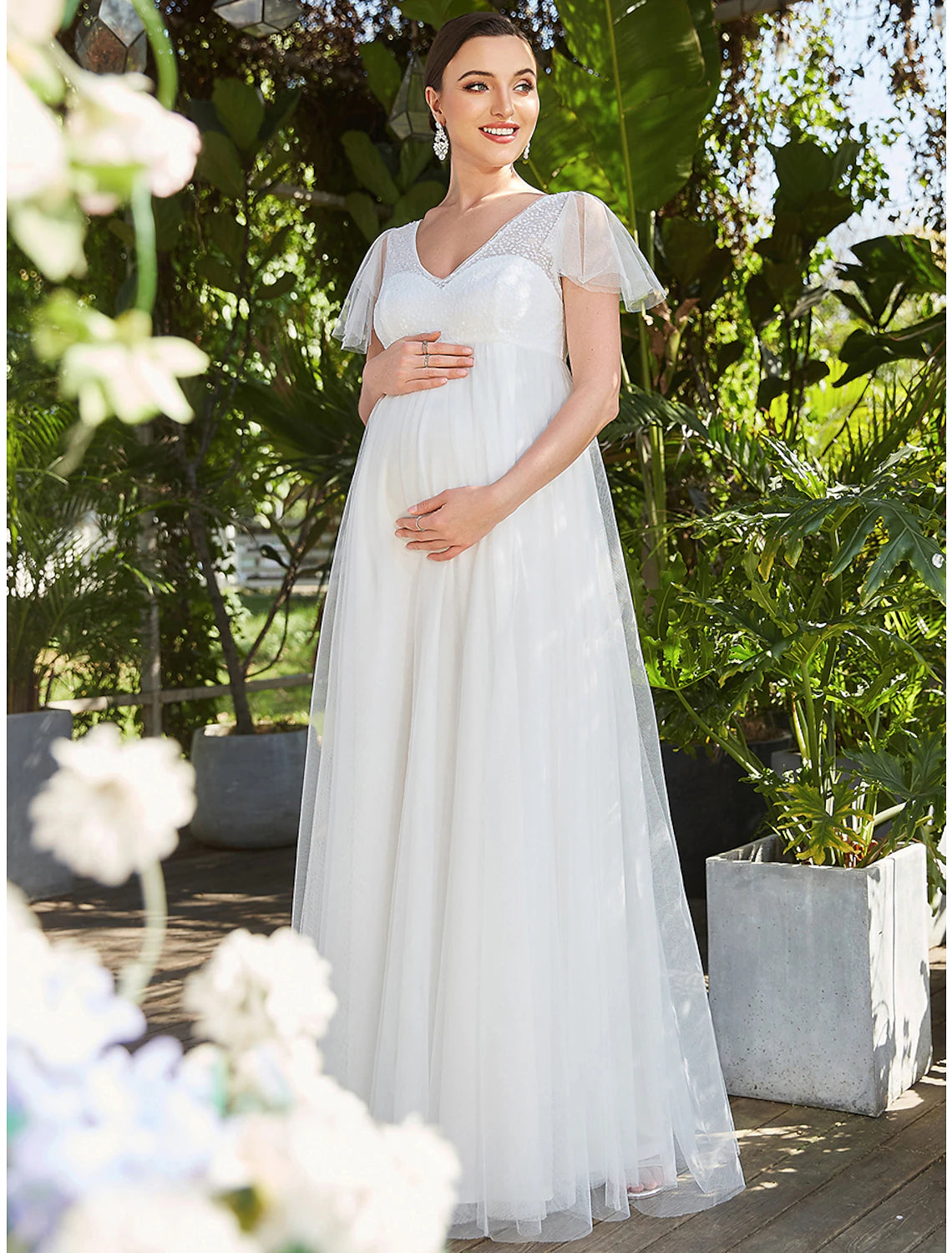 White Chiffon Empire V-Neck Floor-Length Dress with Lace Bodice and Flutter Sleeves