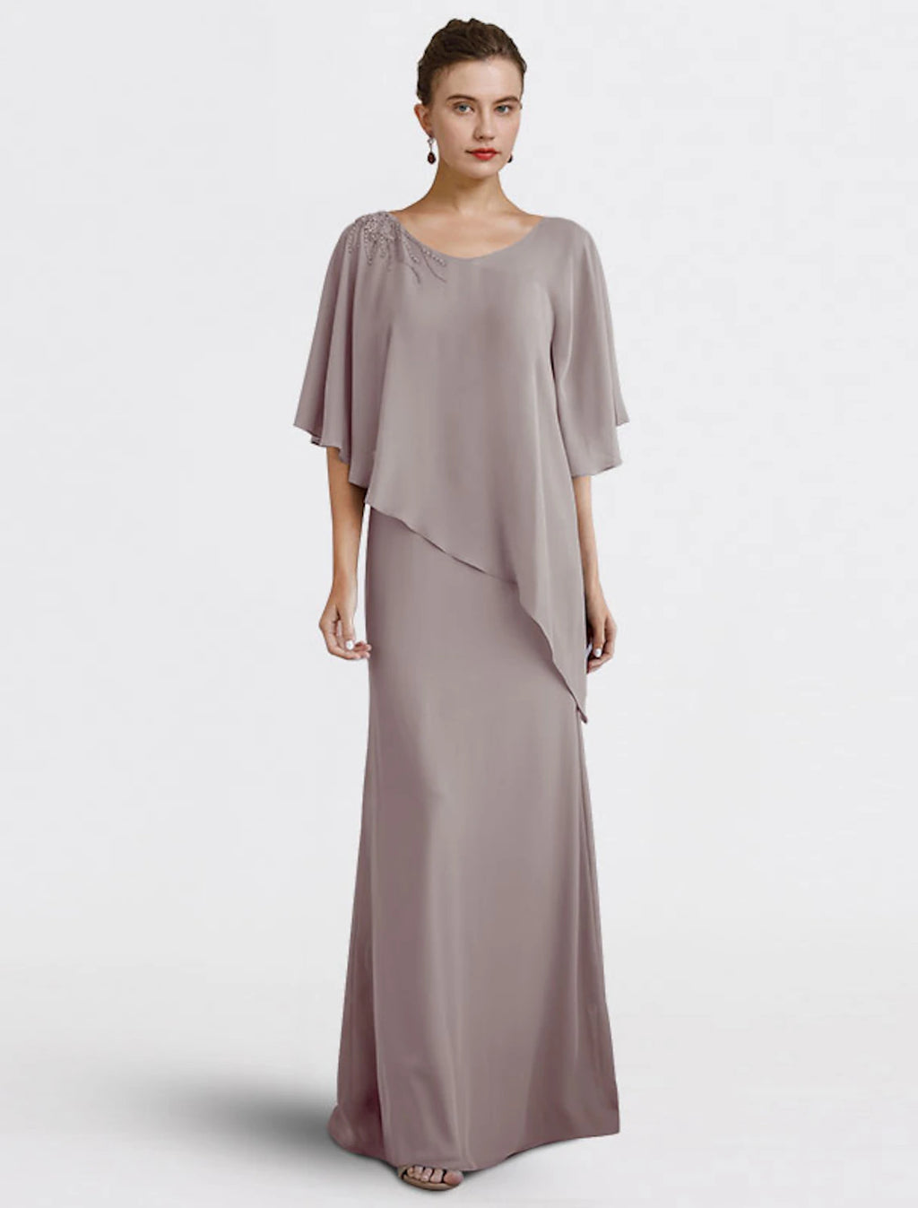 Mauve Chiffon Sheath/Column Floor-Length Evening Dress with Beaded Shoulder