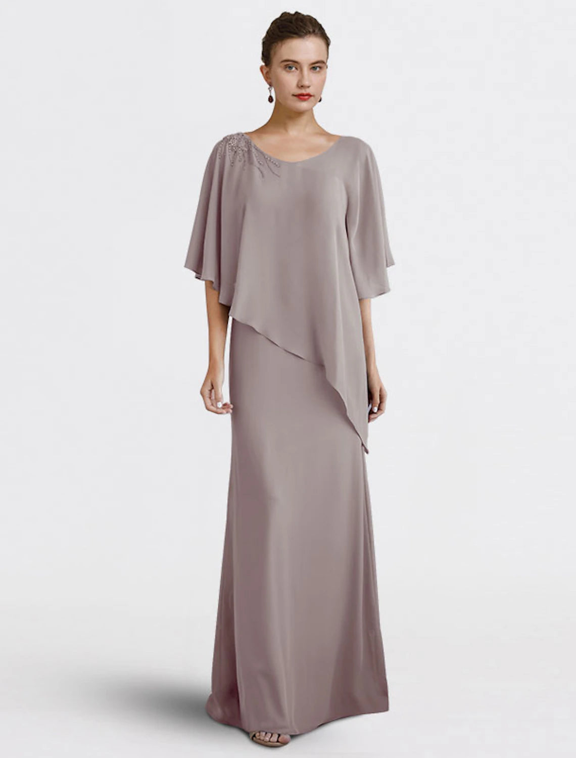 Mauve Chiffon Sheath/Column Floor-Length Evening Dress with Beaded Shoulder