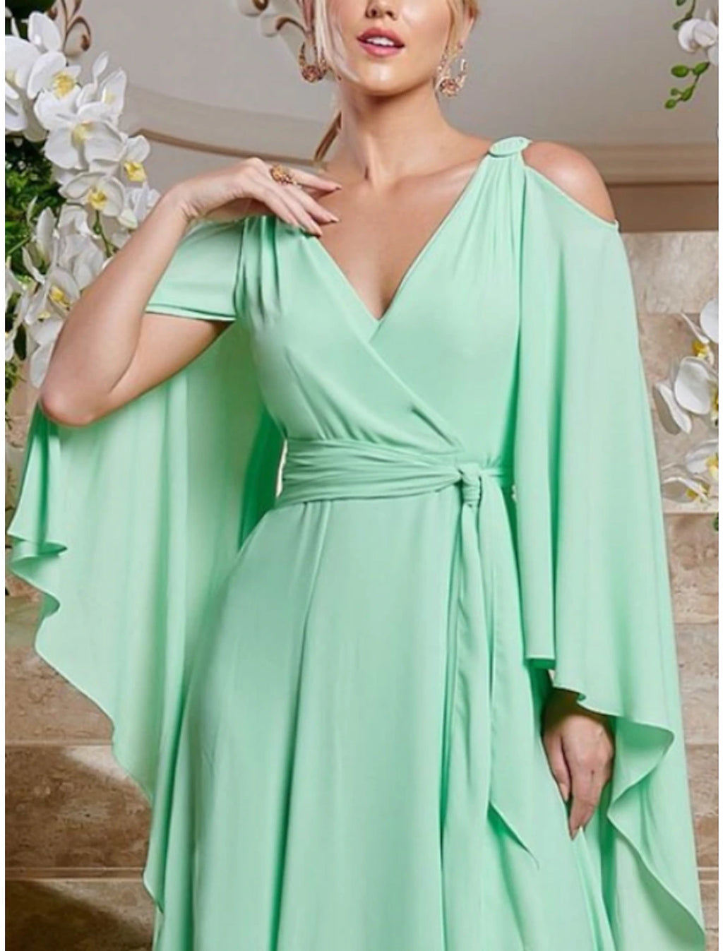 Mint Green Chiffon A-Line Floor-Length Dress with V-Neck and Cold-Shoulder Cape Sleeves
