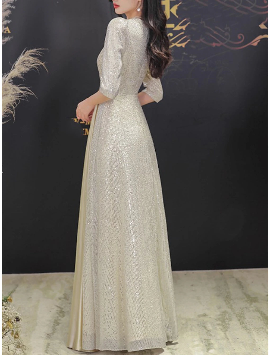 Silver Sequin Satin A-Line Floor-Length Evening Dress with V-Neck