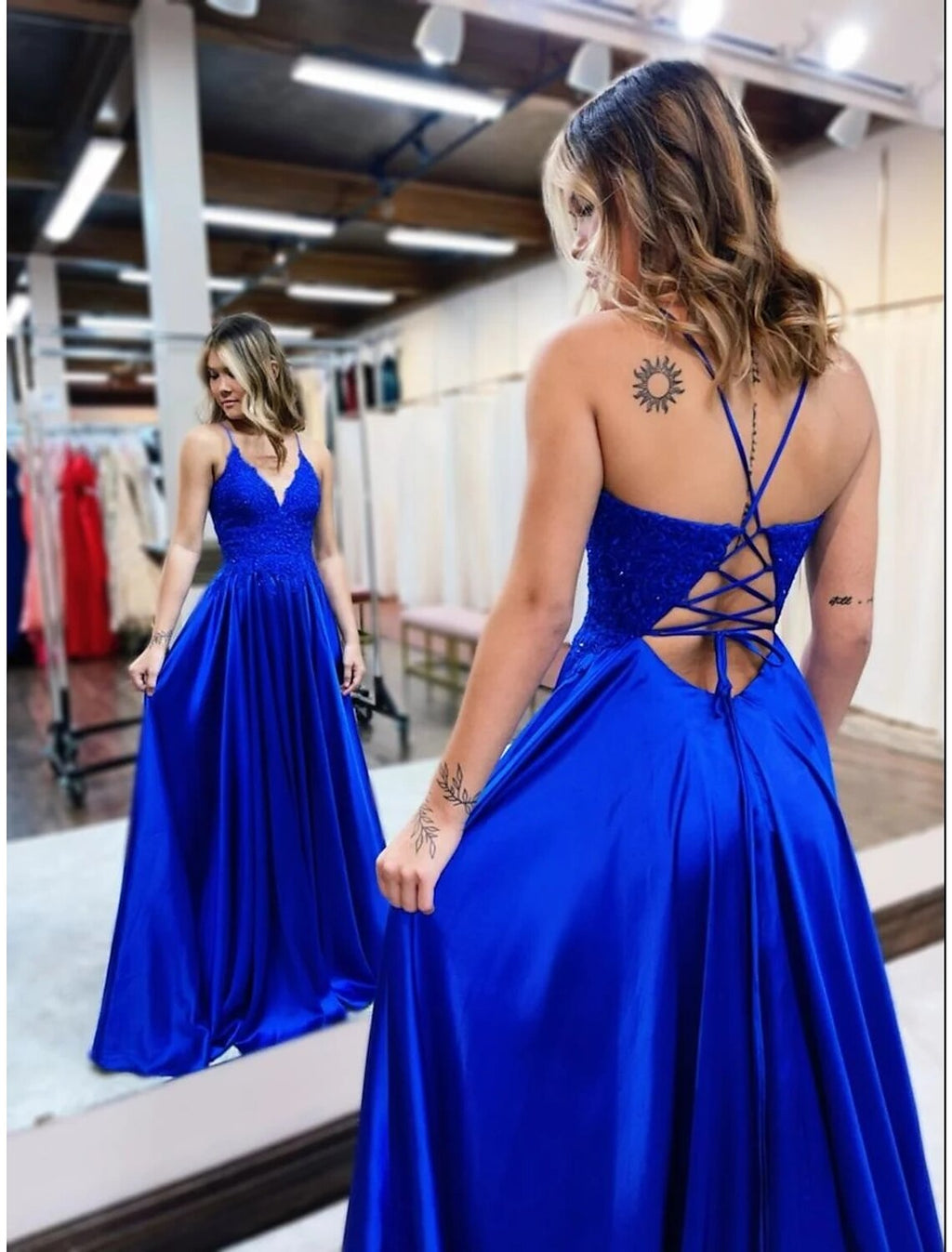 Royal Blue Satin A-Line Floor-Length V-Neck Evening Dress