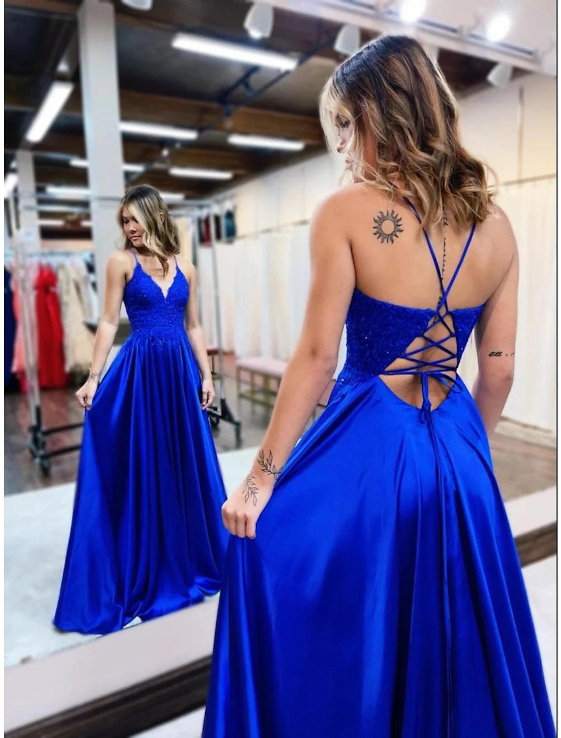 Emerald Satin V-Neck A-Line Floor-Length Gown with Lace Bodice