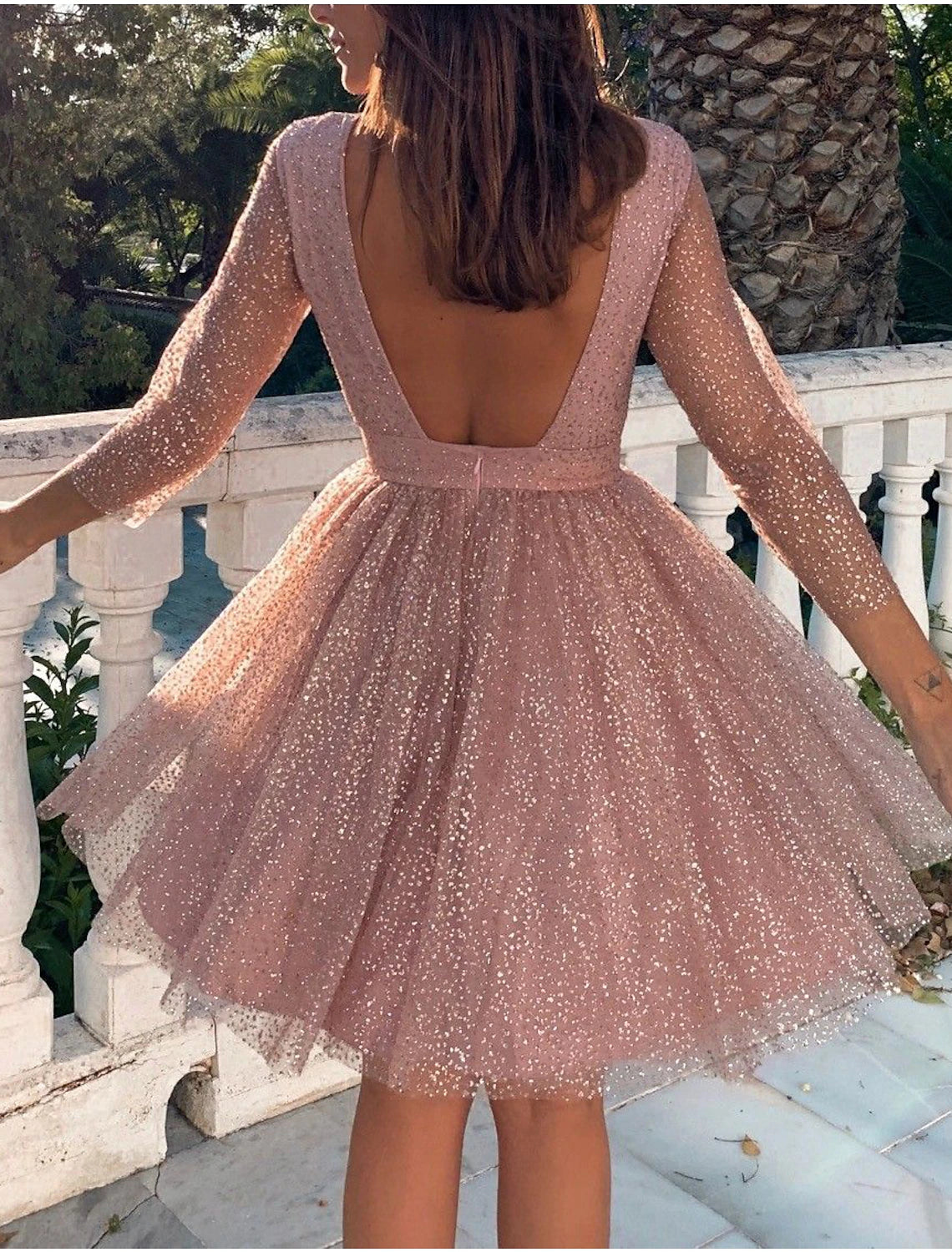 A-Line Glittering Cute Homecoming Cocktail Party Dress Dress Jewel Neck 3/4 Length Sleeve Knee Length Tulle with Pleats Sequin 2025