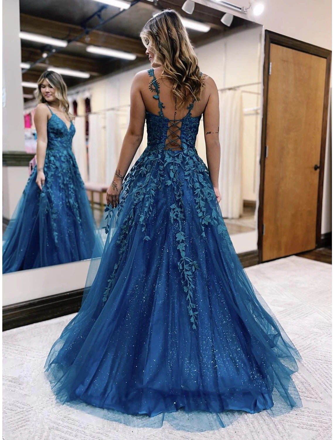 Teal Tulle A-Line Floor-Length V-Neck Dress with Lace Appliques & Glitter Tulle