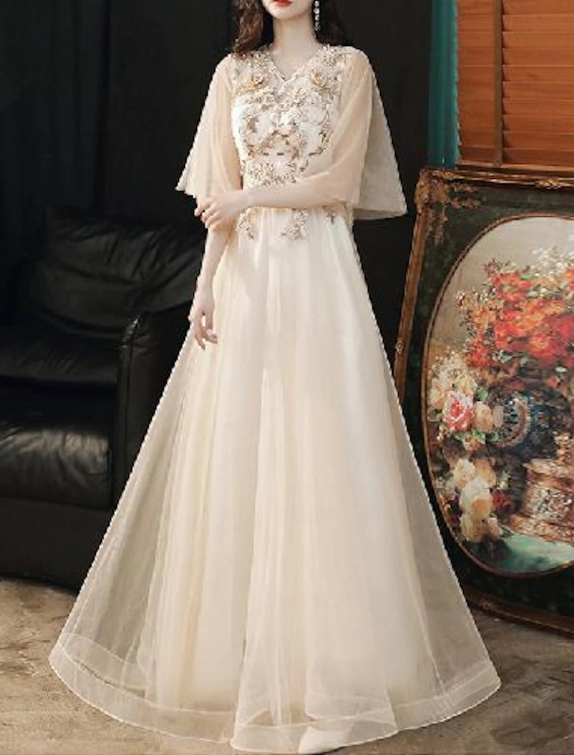 Champagne Chiffon A-Line Floor-Length Dress with V-Neck, Embroidered Bodice & Flutter Sleeves