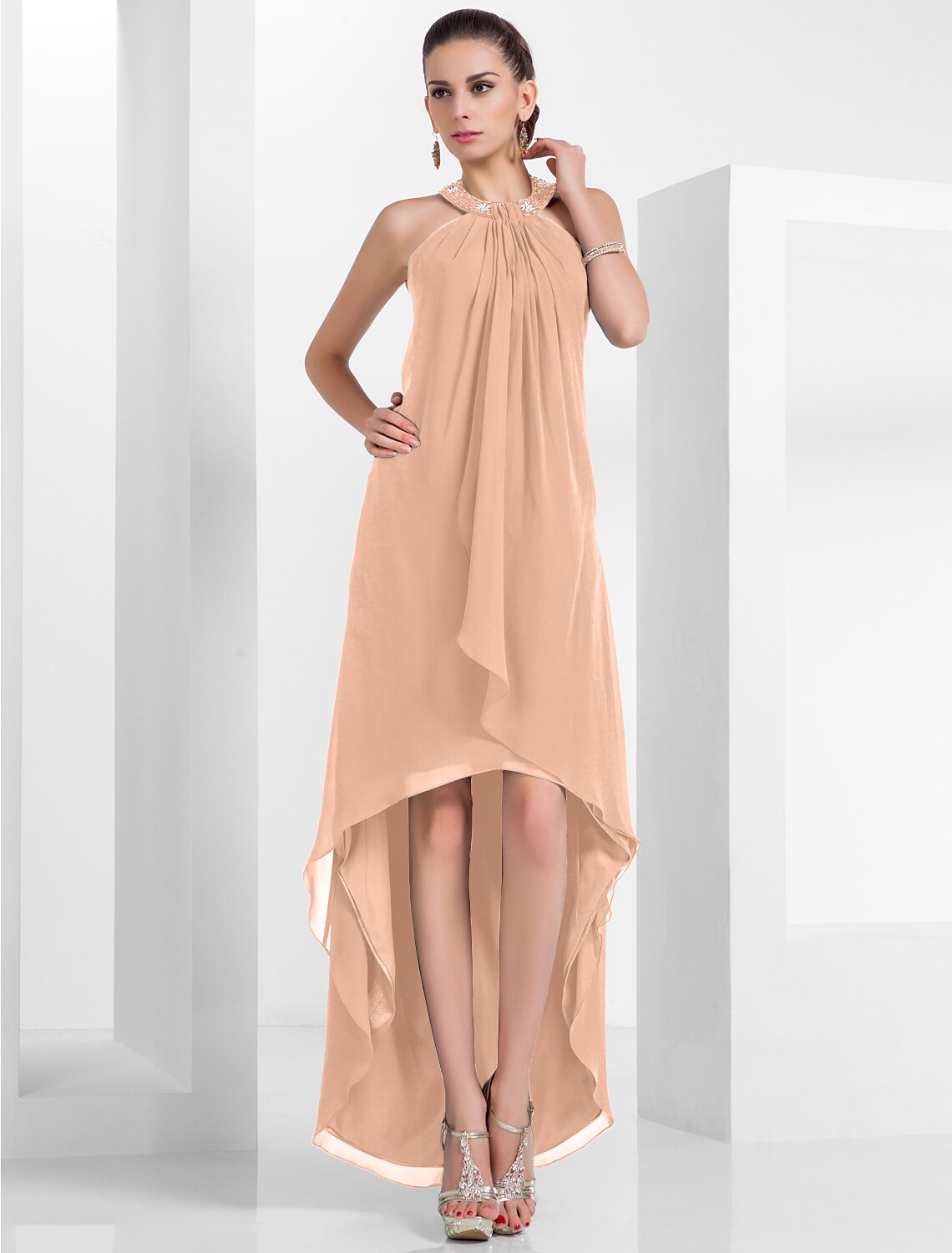Red Chiffon A-Line Asymmetrical Dress with Halter neckline & Backless for Cocktail Party, Evening Party & Homecoming