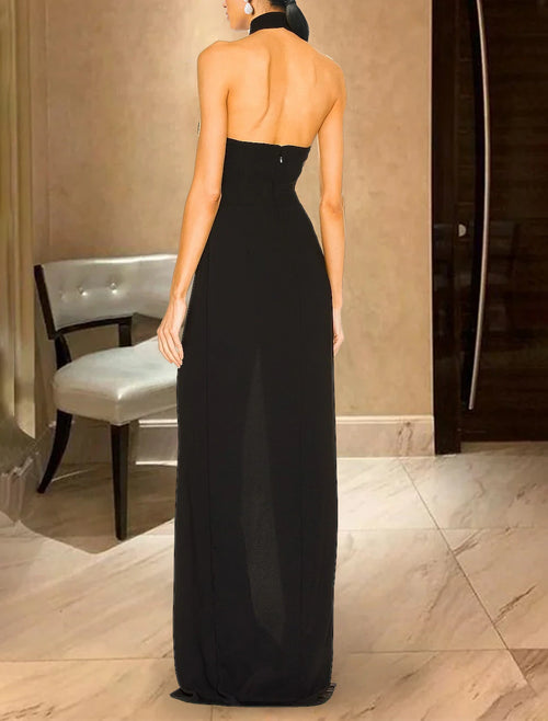 Black Crepe Halter Neckline Sheath/Column Floor-Length Evening Dress with High Slit