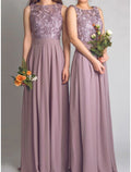 Mauve Lace Bodice Chiffon A-Line Floor-Length Bridesmaid Dress