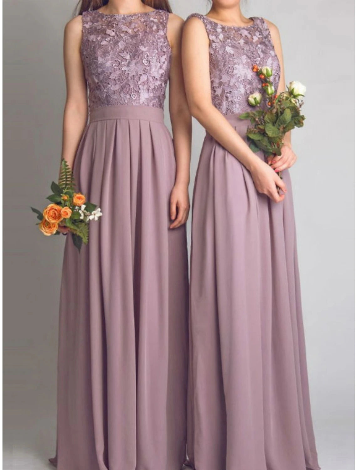 Abito da damigella d'onore a trapezio, scollo a barchetta, senza maniche, elegante, lungo fino al pavimento, in chiffon con pizzo/arricciature