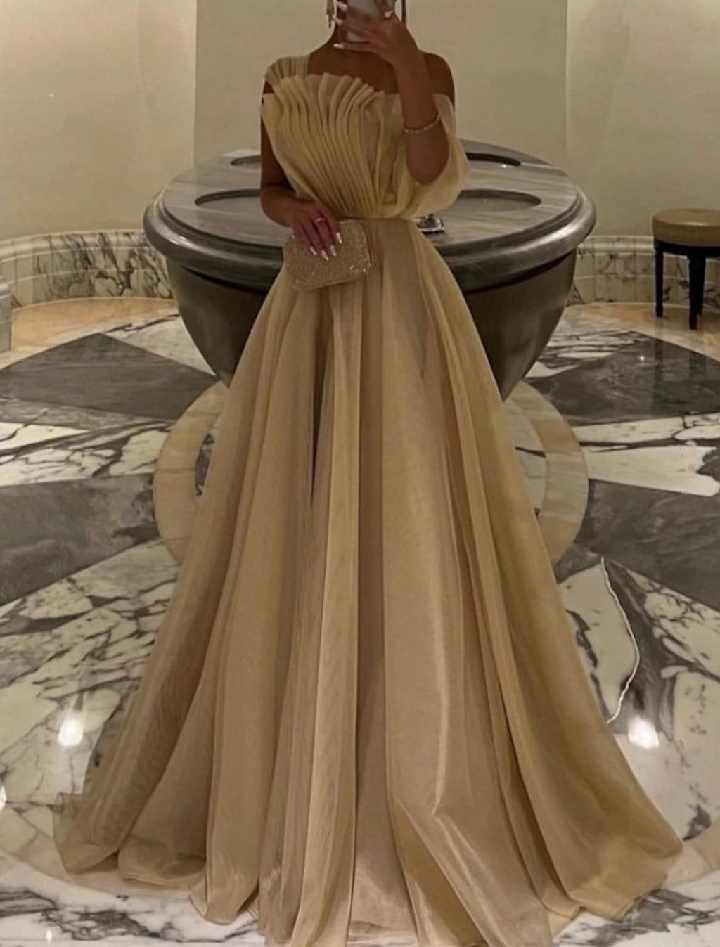 Champagne One Shoulder A-Line Chiffon Floor-Length Evening Dress