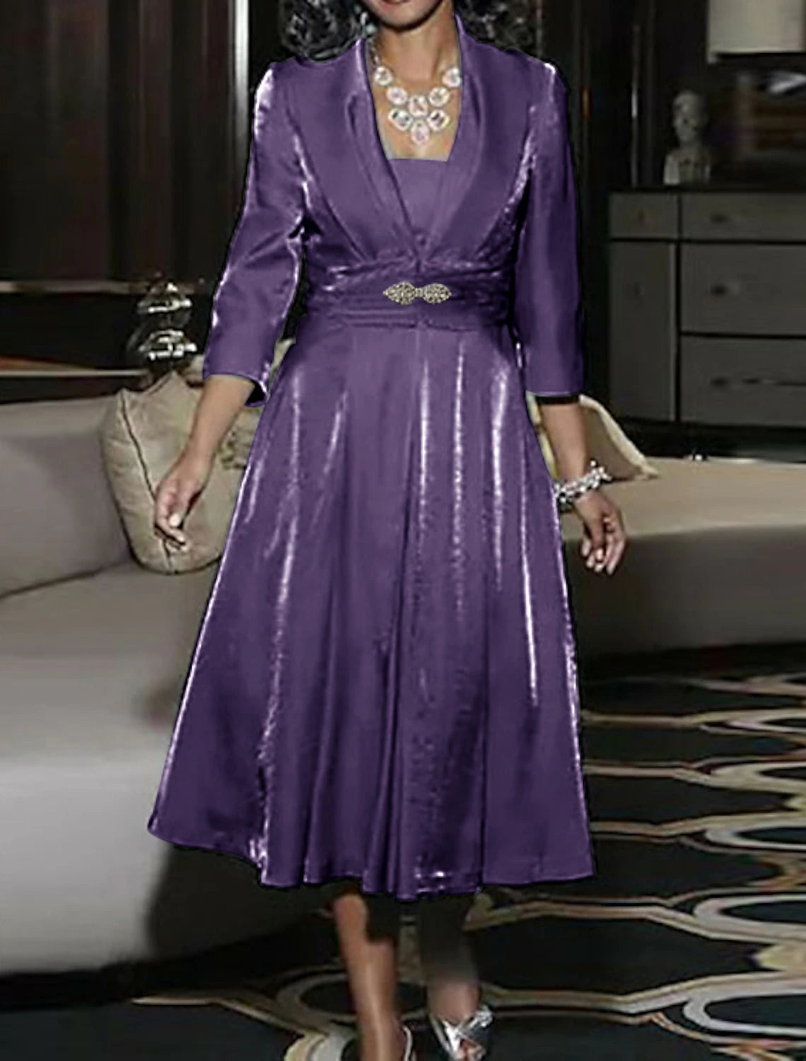 A-Line Mother of the Bride Dress Wedding Guest Elegant Vintage Plus Size Square Neck Tea Length Polyester 3/4 Length Sleeve Jacket Dresses with Ruching