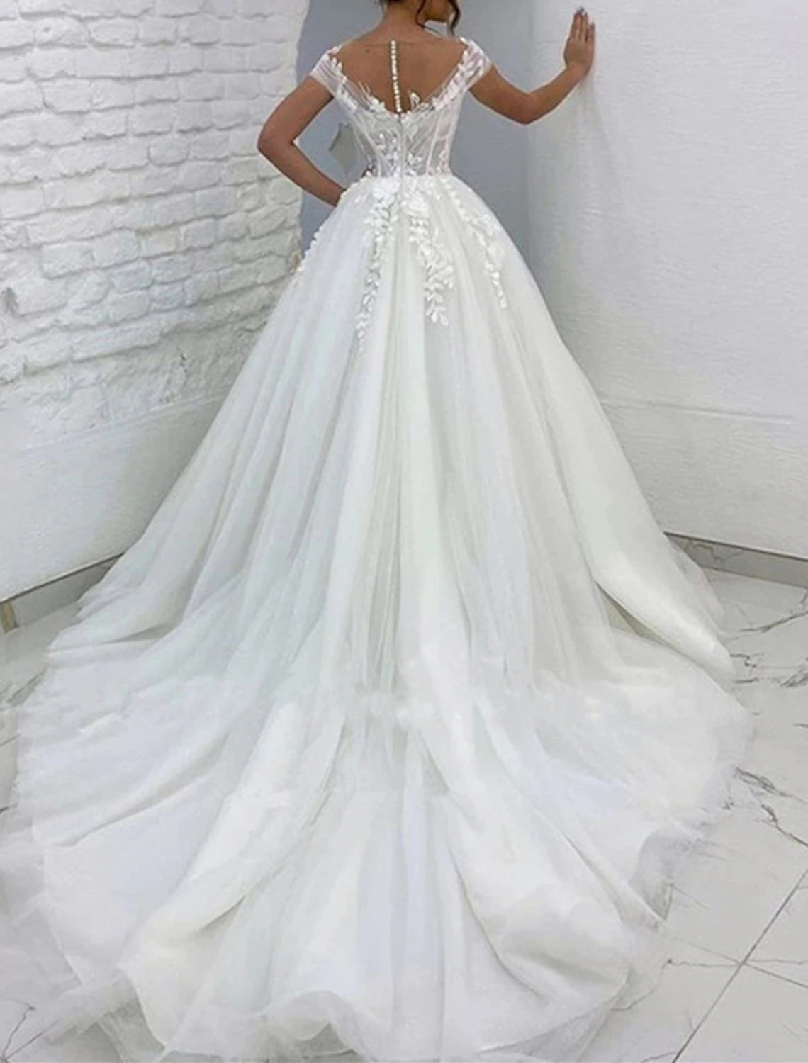 Vestidos de novia formales, vestido de baile, escote en V, manga corta, cola capilla, vestidos de novia de encaje con apliques