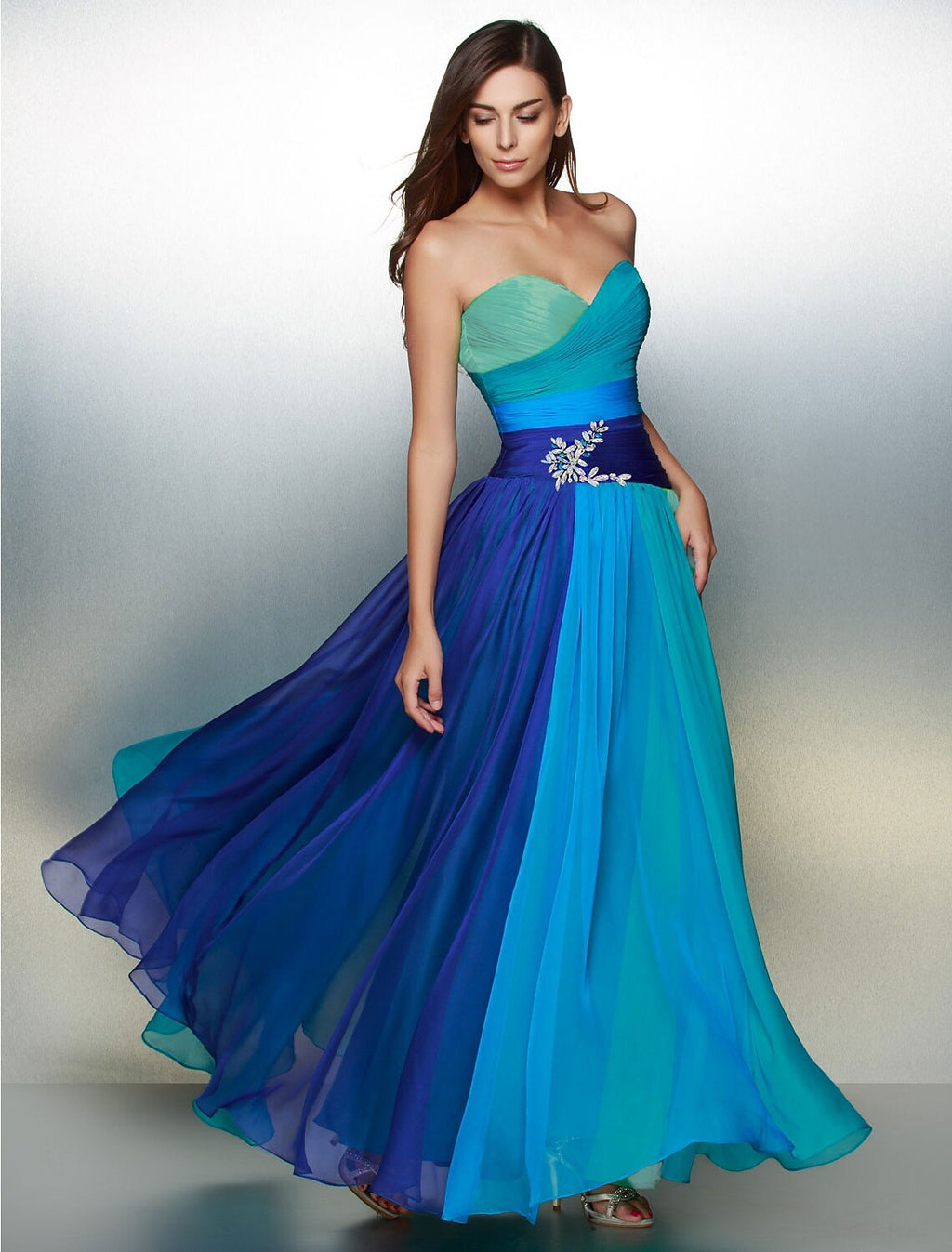 Blue Chiffon A-Line Floor-Length Evening Dress with Ruched Bodice and Draped Waistband