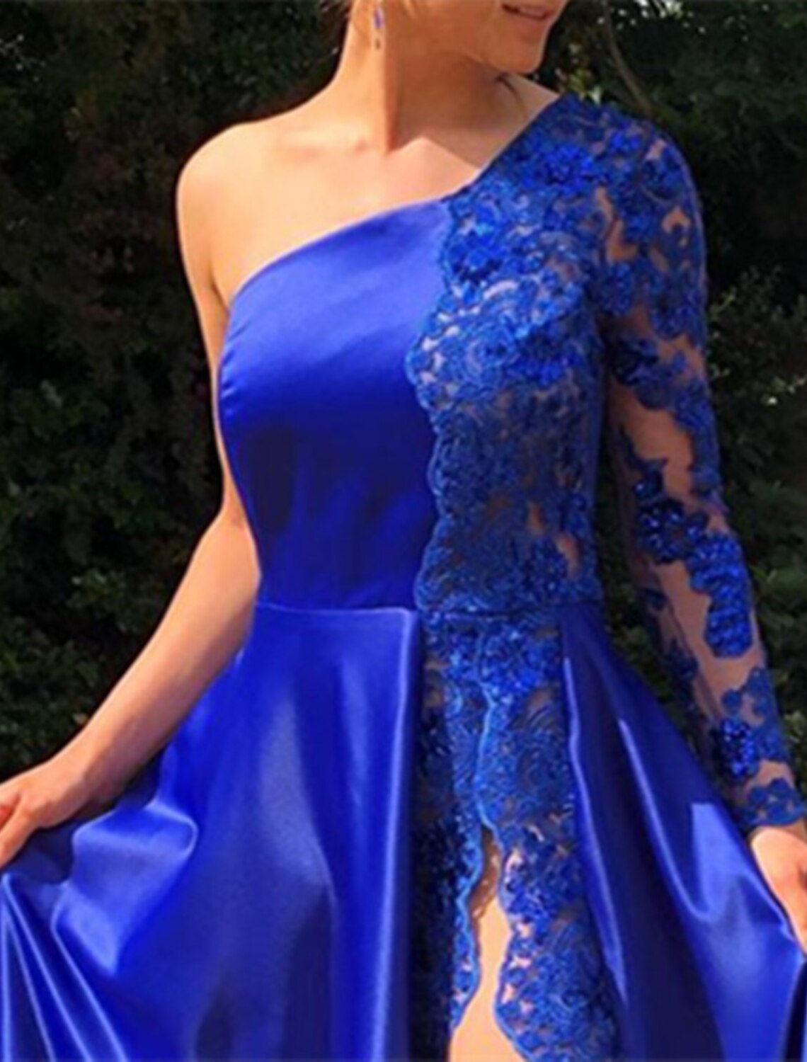 Abiti da ballo a trapezio, sexy, da festa, da invitata a nozze, lunghi fino al pavimento, a maniche lunghe, monospalla, in charmeuse con spacchi applicati, 2025