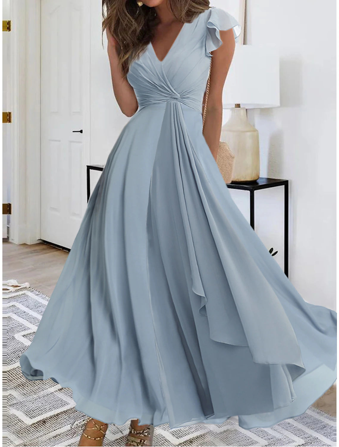 Vestido de fiesta para mujer, vestido de fiesta, vestido de bienvenida, vestido largo, vestido maxi azul, sin mangas, color puro, en capas, verano, primavera, otoño, cuello en V, moda, fiesta de noche, vestido de invitada de boda de verano