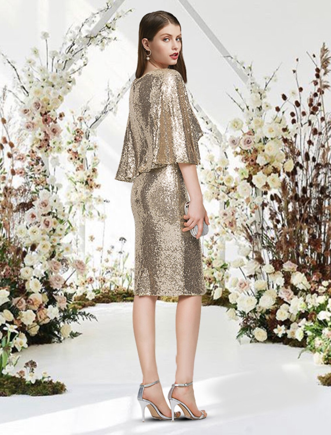 Vestidos de cóctel de tubo/columna Vestido brillante Fiesta de cóctel de graduación Hasta la rodilla Media manga Cuello en V Lentejuelas con elegante