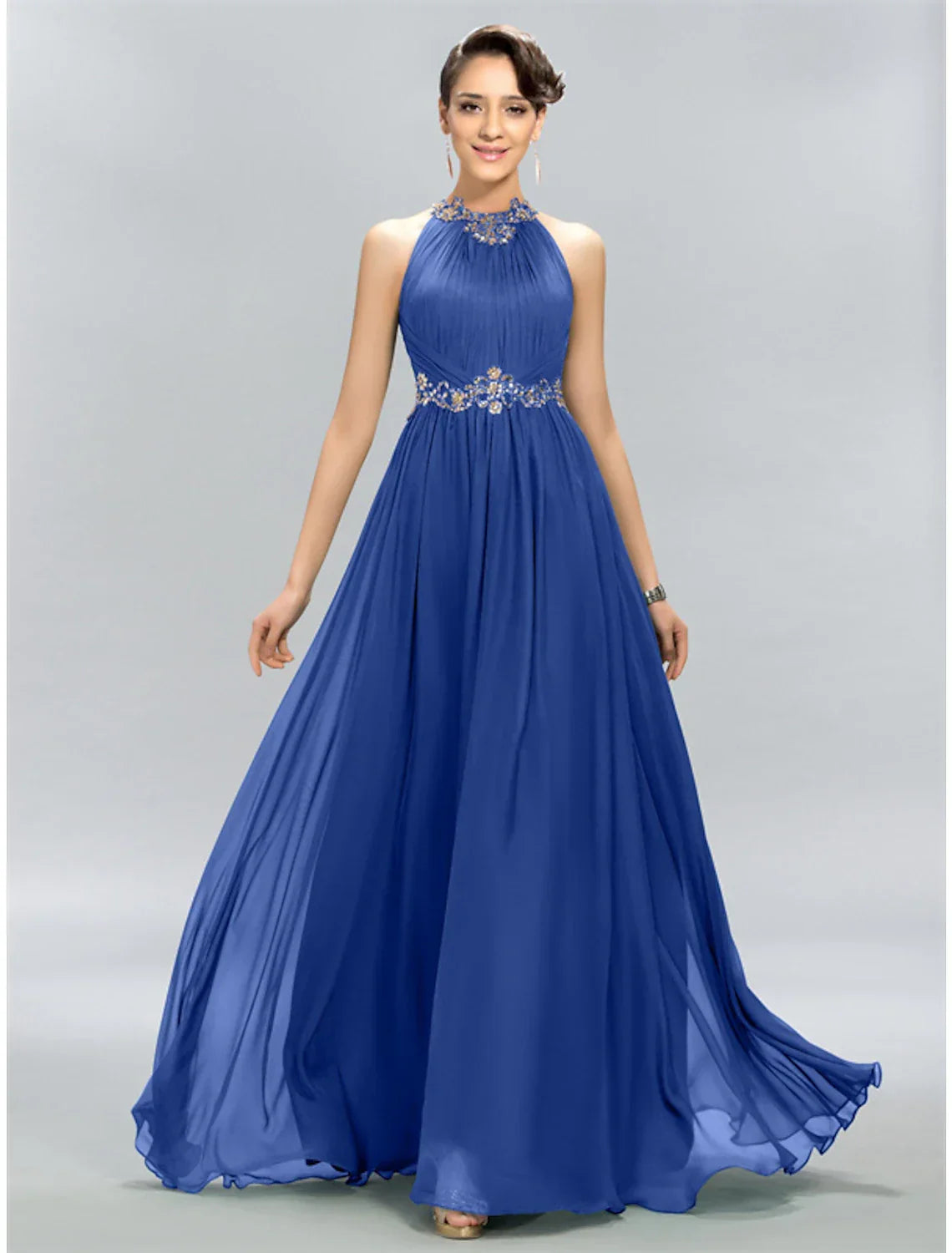 Royal Blue Halter Neck A-Line Chiffon Evening Dress