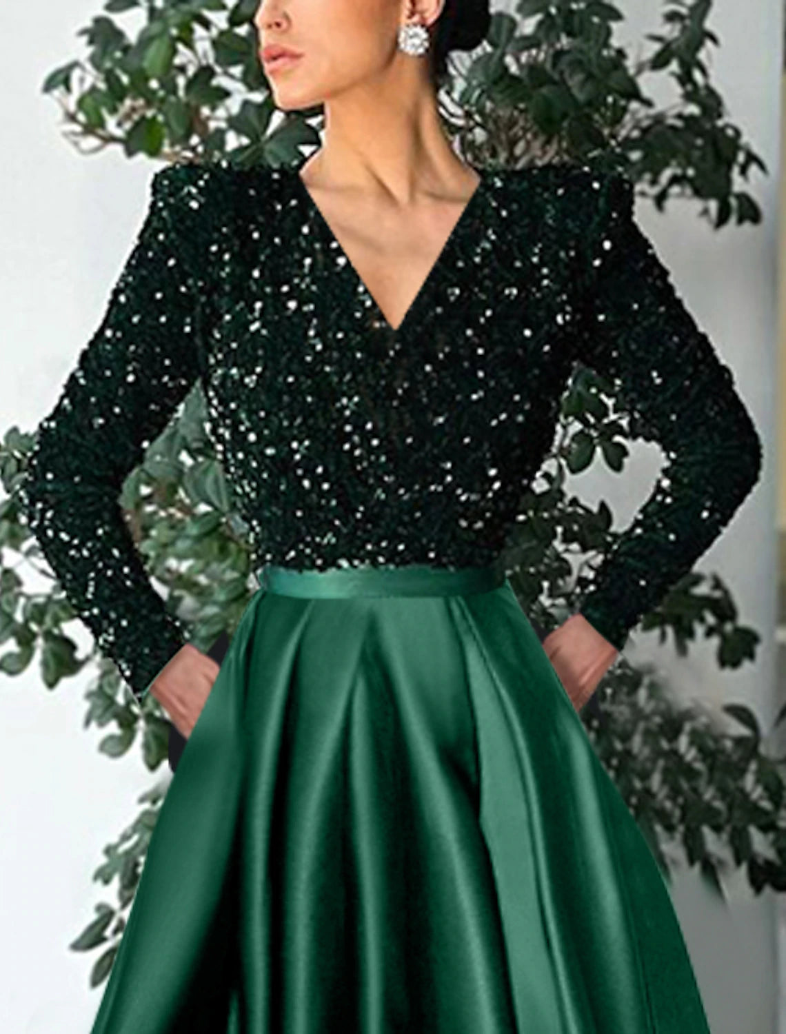 A-Line Cocktail Dresses Red Green Dress Formal Wedding Guest Tea Length Long Sleeve V Neck Sequined with Sequin