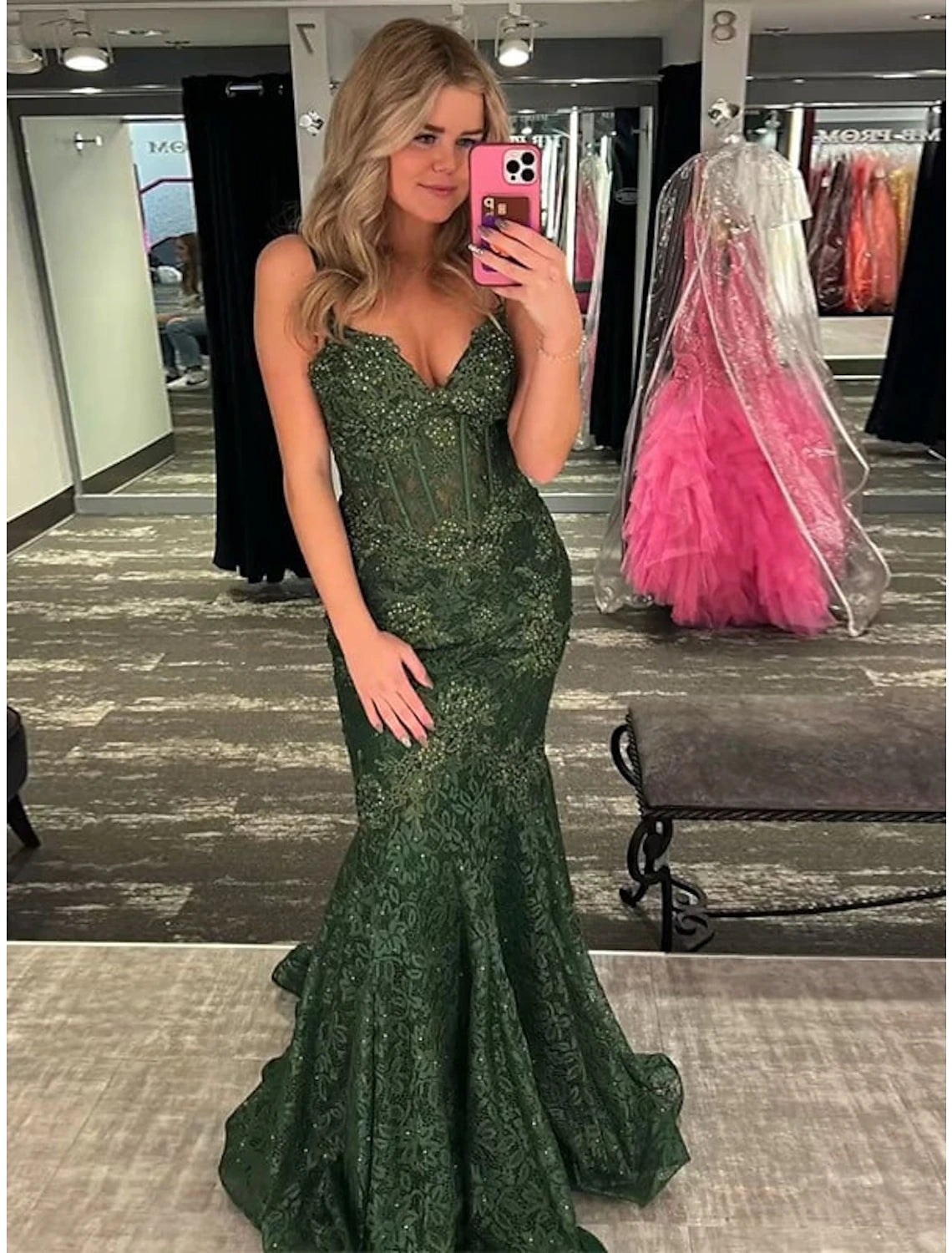 Forest Green Sequin Lace V-Neck Mermaid Floor-Length Evening Dress