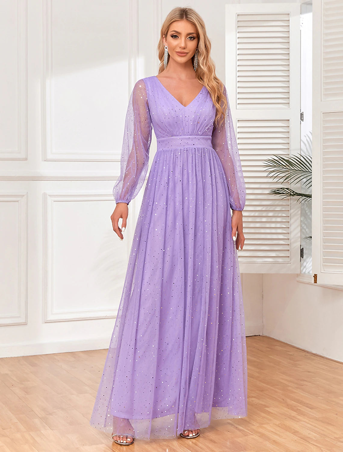 Abito da sera a trapezio, stile impero, per matrimonio, sera, festa, lunghezza al pavimento, senza maniche, scollo a V, tulle, schiena a V con glitter