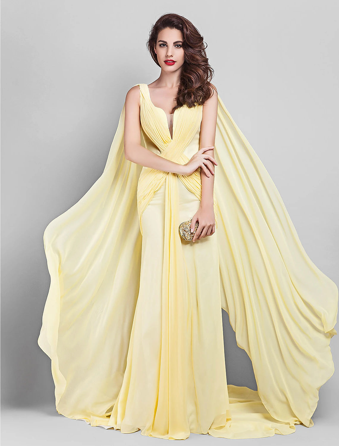 Lemon Chiffon Sheath/column Floor-Length Evening Dress with Flowing Cape